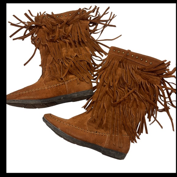 Rampage boho BROWN suede long fringe BOOTS RAM-CAMBRA womens 7M, Moccasin WS1140 - Picture 1 of 16